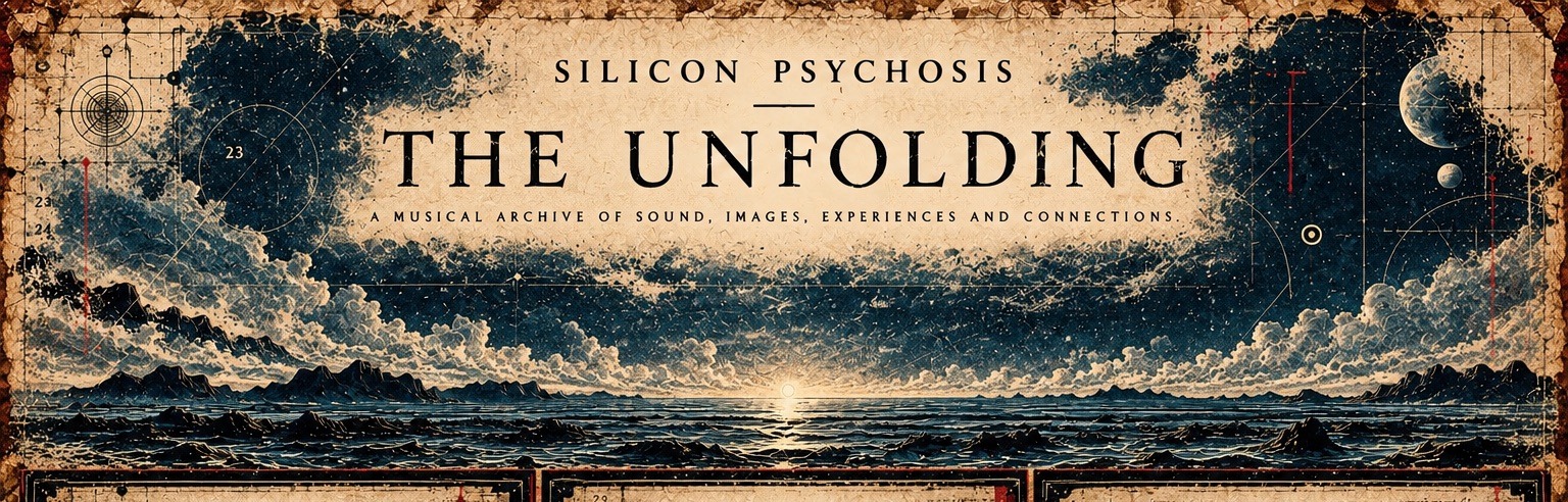 Silicon Psychosis — The Unfolding, above an alien ocean beneath a dark, diagrammed sky.